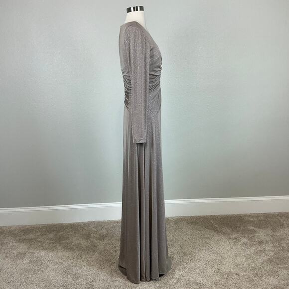 Eliza J Gold Metallic Long Sleeve Evening Gown Size 10 Ruched Thigh Slit Formal - Picture 3 of 14